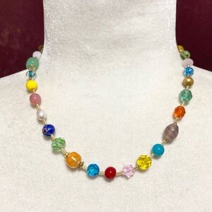 Handmade Multicolor Glass Pearl Bead Beaded Necklace Gold Tone Chain Artisan